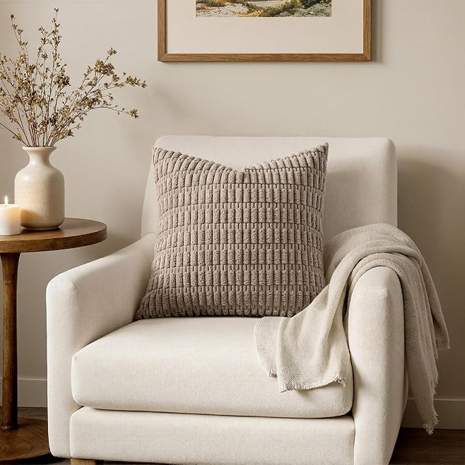 MIULEE Pack of 2 Corduroy Decorative Throw Pillow Covers 20x20 Inch Soft Boho Striped Pillow Covers Modern Farmhouse Home Decor for Sofa Living Room Couch Bed Light Brown