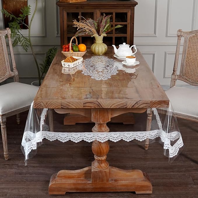 Clear Table Protector Cover Vinyl Rectangle PVC Tablecloth with Printed Crocheted Lace Waterproof Oil Proof Wipeable Plastic Tablecloths for Home Kitchen Dining Table (Lace, 55 x 120 Inches)