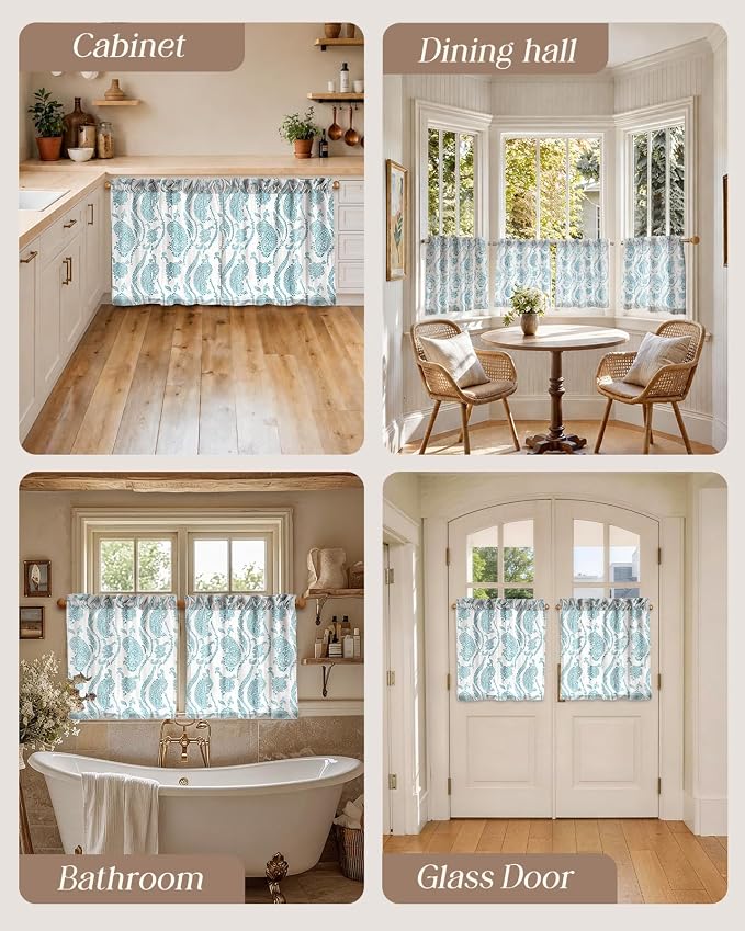Miss Adola Farmhouse Kitchen Tier Curtains - 24 Inch Length Linen Blend Floral Cafe Curtains Blue Small Window Treatments Over Sink Rod Pocket for Bathroom Living Room Light Filtering, 2 Panels