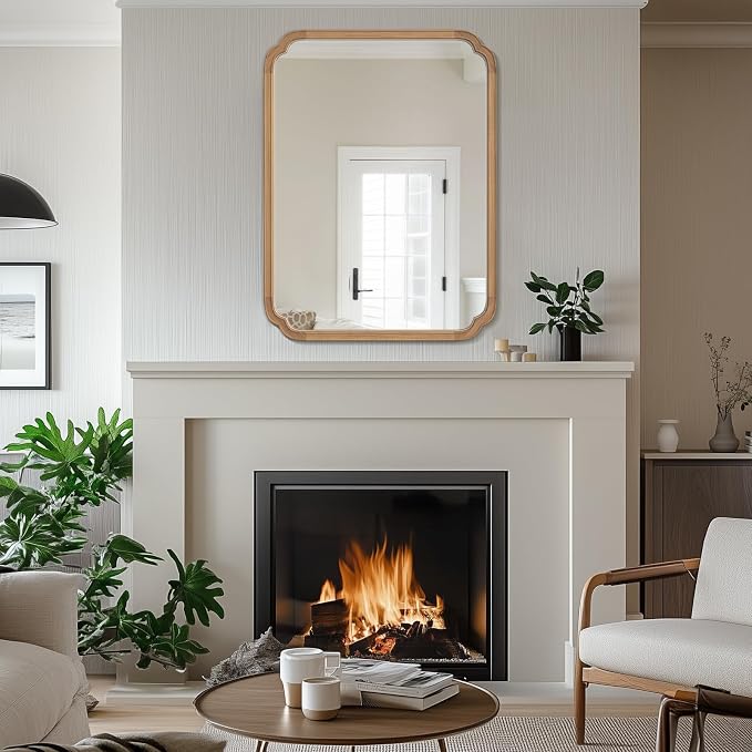WallBeyond 28" x 40" Rounded Corner Arch Wall Mirror with Wood Frame for Entryway, Living Room or Bedroom Home Decor - Light Woodgrain [28 x 40 inches, Honey-Colored]