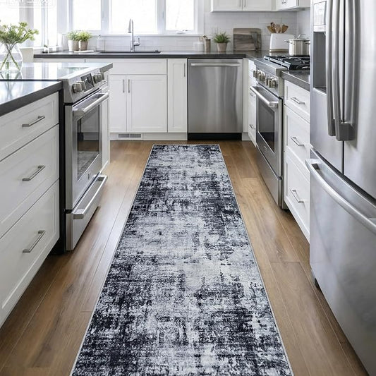 2.6'x14' Runner Rug Washable Rug: Modern Abstract Soft Thin Runner Rug Dark Black