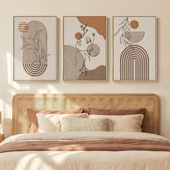 Framed Earth Tone Boho Abstract Wall Art Bedroom, 3 Piece Neutral Modern Bohemian Paintings Prints Canvas Artwork for Walls, Boho Triptych Pictures for Living Room Home Office Wall Decor, 16x24 Inch