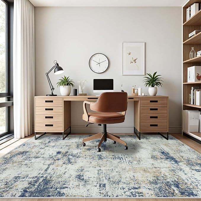 Washable Rug 6x9 Area Rugs: Soft Large Living Room Rug with Anti-Slip Backing Non-Shedding Stain-Resistant Modern Abstract Carpet for Bedroom Dining Room Nursery Home Office Blue Brown