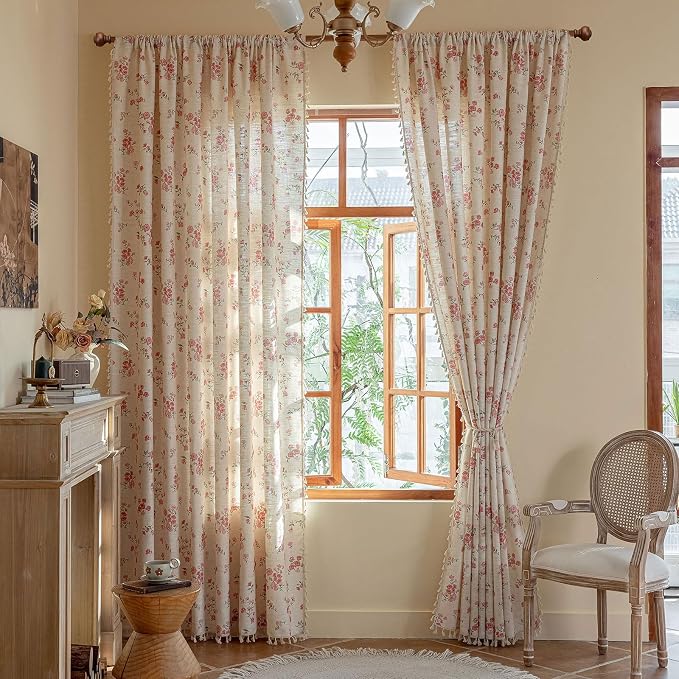 OYX Pink Boho Floral Curtains 84 Inch Long 2 panels, French Vintage Farmhouse Patterned Decor Window Drapes With Tassels, Girls Semi-Sheer Light Filtering For Bedroom Living Room (Rod Pocket, 52Wx84L)