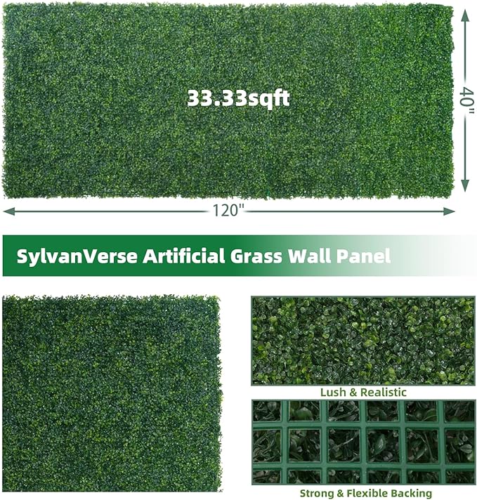 Artificial Boxwood Roll, 40x120 in(33.3 sqft) UV-Anti Faux Ivy Hedge Grass Wall Panels for Patio and Balcony Privacy, Fake Greenery Backdrop Decor for Fence, Garden, Backyard