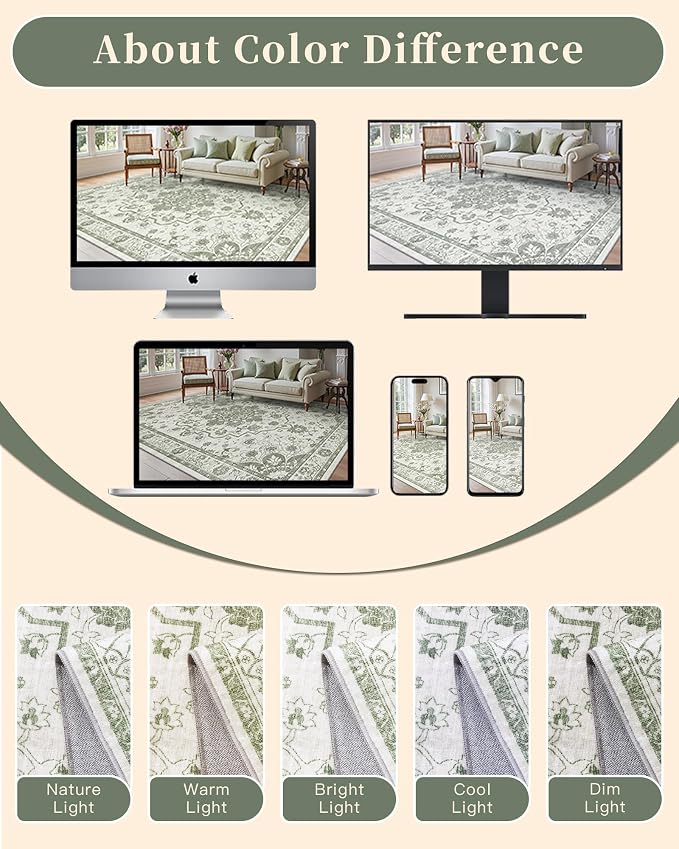 Madane 6x9 Area Rugs for Living Room, Machine Washable Vintage Green Rug with Non-Slip Backing, Soft Throw Rug, Thin Carpet for Bedroom Dining Room Farmhouse Under Table, Green/Ivory