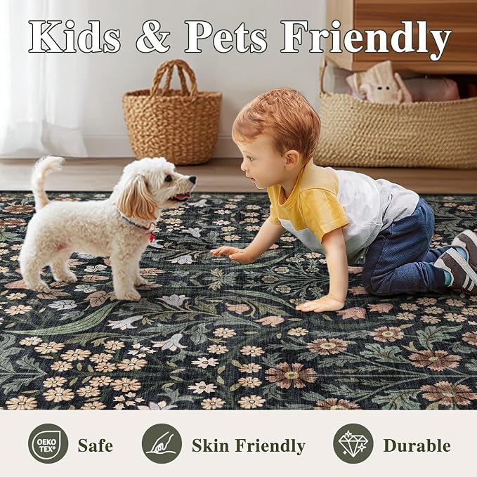 6x9 Washable Area Rug for Living Room, Floral Non-Slip Non-Shedding & Easy Care, Soft Low Pile Botanical Indoor Floor Carpet for Living Room, Bedroom, Farmhouse, Dining Room, Kids Playroom, Black