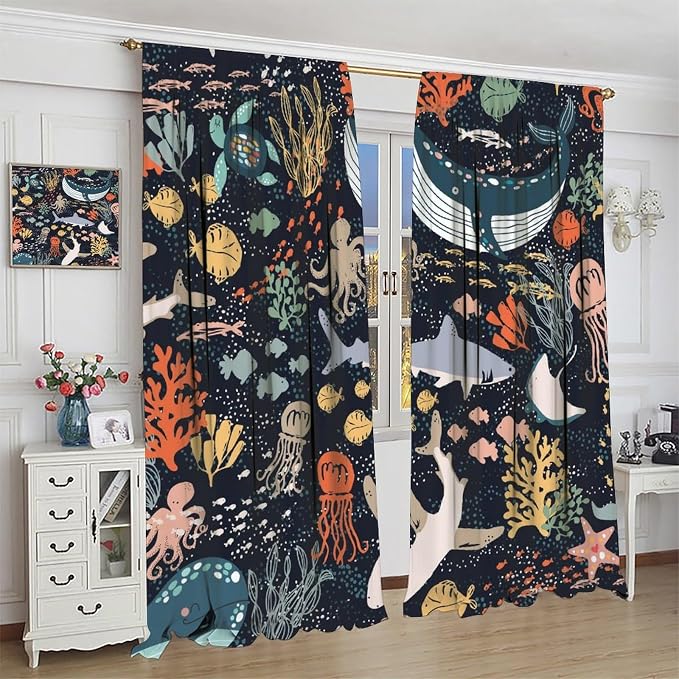YCness Kids Sea Animal Curtains for Boys Girls Bedroom Nursery Decor Funny Turtle Whale Ocean Colorful Art Printed Blackout Window Drapes Fabric Set 2 Panel 55x63 Inch 80% Shading Rate