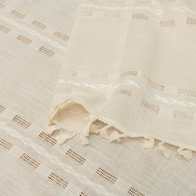 Deeprove Ivory Boho Curtain 72 inches Long for Living Room Bedroom Kitchen, Lodge Bohemian Sheer Linen 72 inches Length Stripe Embroidery Privacy Window Tassel Decor W52 x L72, 1 Panel