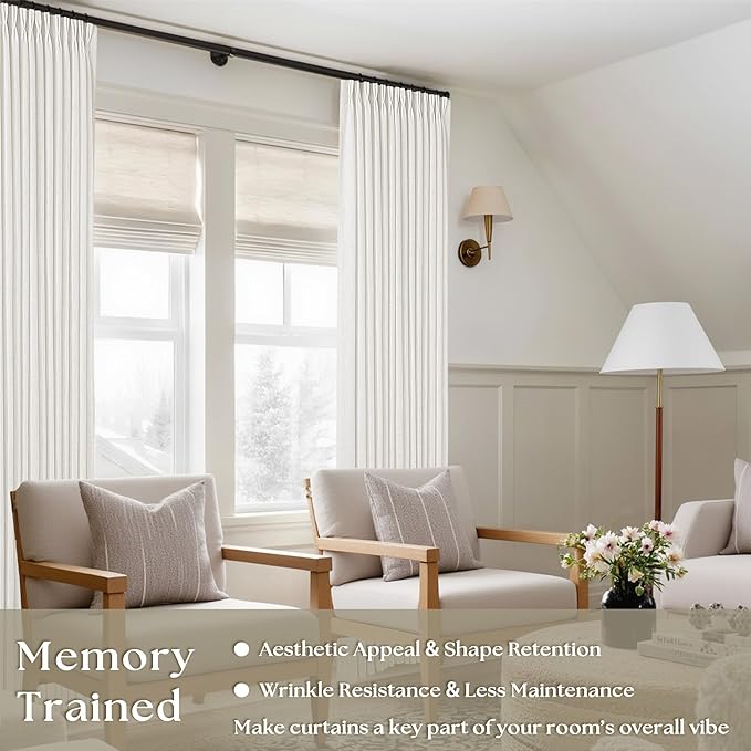 Pinch Pleated Linen Curtains 94 Inches Long for Living Room Bedroom Light Filtering Boho Window Drape 94 inch 2 Panels with Hooks Rings Cream Beige White Sliding Glass Door Semi Sheer Curtain