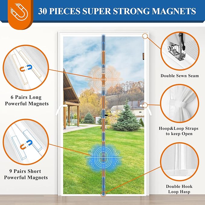 Magnetic Screen Door White, Fits 32'' x 80'' Door, Tear-Resistant High-Density Fiber Mesh, Keep Annoying Creatures Out, Pet Friendly, with Unique Keep Open Straps if Don't Need Close, Enjoy Fresh Air