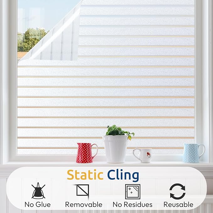 rabbitgoo Window Privacy Film, Frosted Glass Privacy Film, Window Frosting Cling for Glass, Non Adhesive Static Cling Front Door Covring, Anti-UV Reeded Blinds Sticker, Striped Pattern, 23.6" x 118.1"