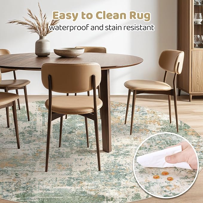 8ft Round Rug Living Room Rugs: 8x8 Washable Circle Large Abstract Modern Soft Stain Resistant Non-Slip Indoor Floor Carpet for Bedroom Nursery Office Dining Room Playroom Home House- Green