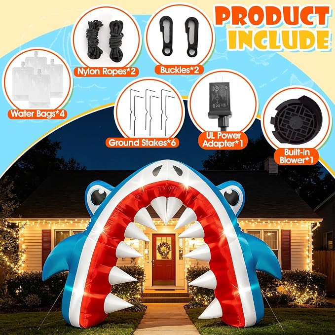 13FT Giant Shark Inflatable Arch Summer Decor for Pool Beach | Waterproof Shark Blow Up with Built-in 6 LED Lights and 1 Blower for Outdoor Luau Shark Birthday Party Yard Lawn Decoration