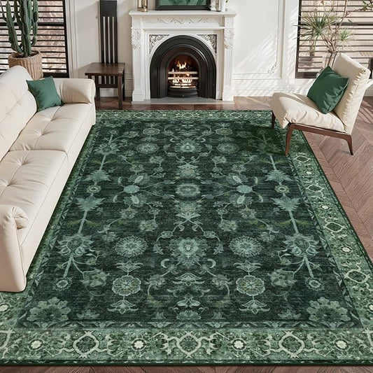 Tangsoo 4x6 Washable Area Rugs Non Slip, Boho Distressed Vintage Green Floral Throw Rug for Bedroom Nursery, Low Pile Floor Carpet Indoor Mat for Entrance Kitchen Office Nature Forest Farmhouse Decor