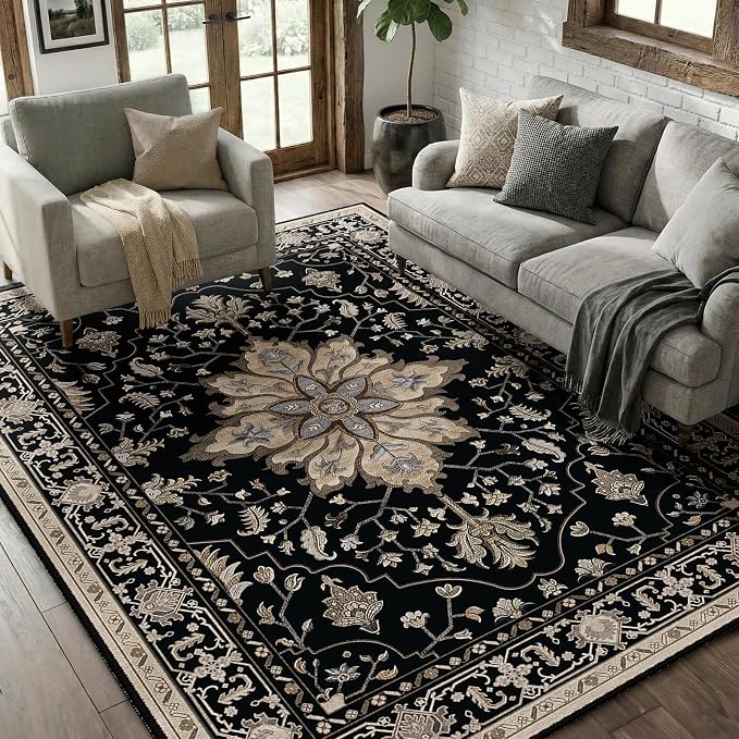 RELEANY Area Rugs 6'x8' Washable Non-Slip, Floral Vintage Distress Medallion Carpet for Living Room Bedroom Dining Room, Black Brown Neutral Dark Tan