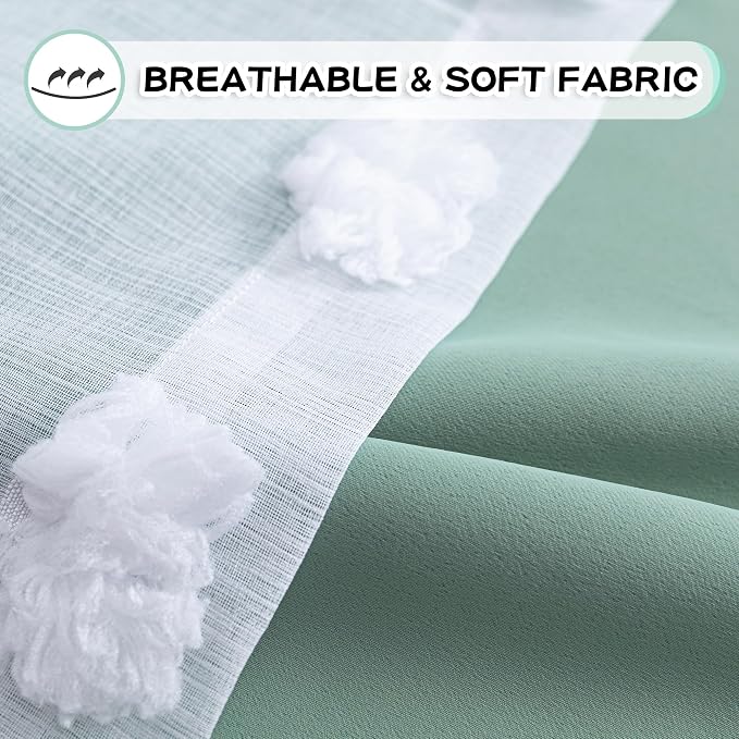 MYSKY HOME Green Blackout Curtains 84 Inches Long for Living Room Decor Kids Curtains for Boys Bedroom Double Layer Drapes White Pom Pom Sheer Back Tab Room Darkening, Aqua, 52 x 84 Inch 2 Panels