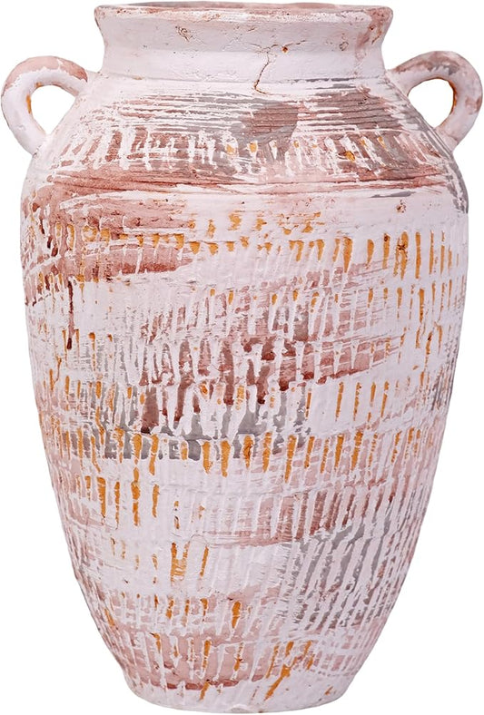 12.6 Inch Rustic Handmade Clay Vase, Distressed Retro Tabletop Decor, Gradient Color Painting, Waterproof Small Caliber, for Nightstand Cabinet Living Room