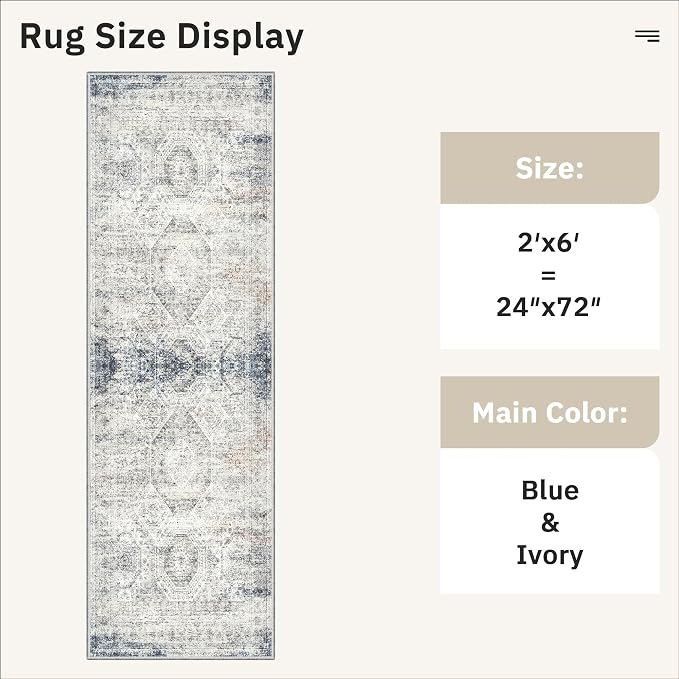 Soalmost Runner Rug 2x6 Washable Non-Slip Kitchen Runner Rugs for Bathroom Laundry Room Blue Ivory Vintage Floor Carpet Runners for Hallway Entryway