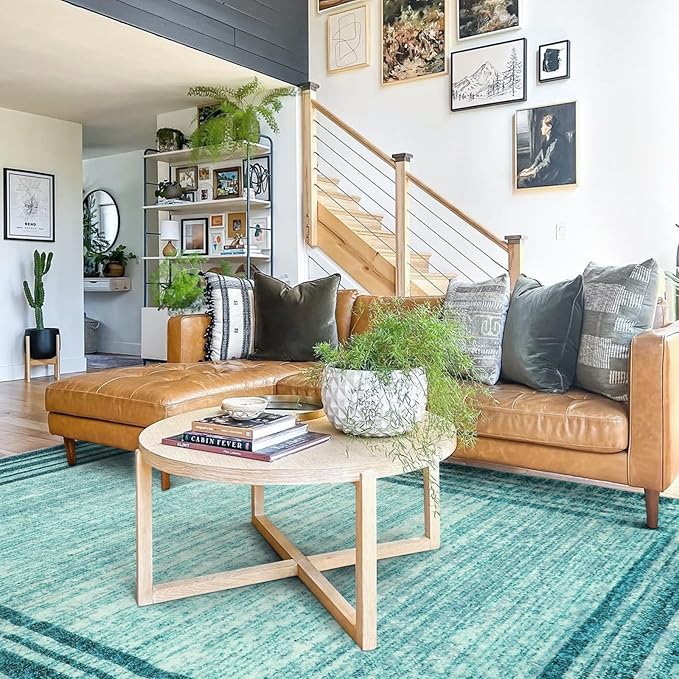 Lahome Amabel Modern Abstract 6x9 Area Rugs for Living Room, Washable Teal Bedroom Rug 6x9 Non Shedding, Low-Pile Soft Minimalist Bordered Indoor Large Carpet for Dining Room Playroom