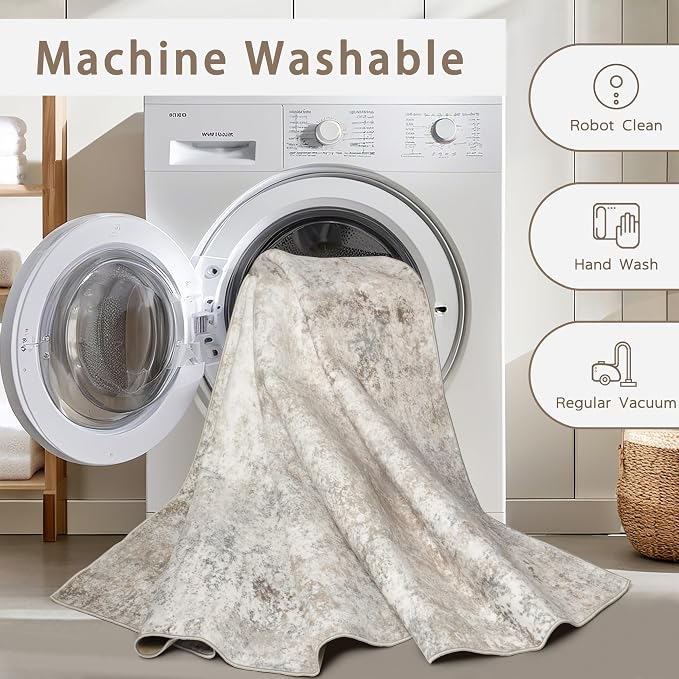 Srugn Washable Rugs 3x5 Area Rugs for Living Room,Bedroom- Non Slip Vintage Entryway Rug for Indoor Entry,Kitchen,Bathroom,Kids Girls Room,Home,Office,Beige Grey