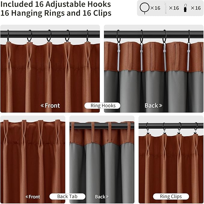 Pinch Pleated 100% Blackout Linen Curtains 120 Inches Long Insulated Thermal Soundproof Full Blackout Drapes for Bedroom Living Room Darkening Extra Long Terracotta Pinch Pleat Linen Curtains 40x120