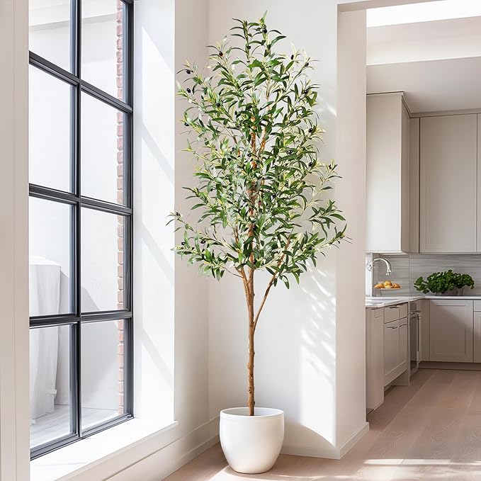 Tall Fake Olives Trees Large Artificial Olive Tree Indoor Outdoor Realistic Floor Plant Faux Flowers Plants for House Home Living Room Bedroom Office Front Porch Modern Farmhouse Boho Decor