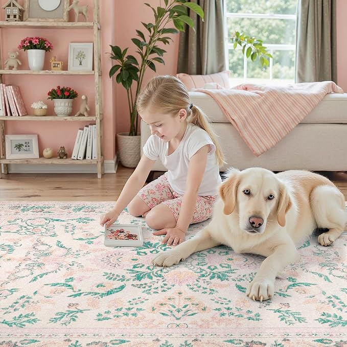 DCX 8x10 Pink Rug, Floral Rug for Girl’s Bedroom, Cute Soft Low Pile Non Slip Stain Resistant Machine Washable Indoor Décor, Kid & Pet Friendly Nursery Carpet for Living Room, Dorm, Playroom