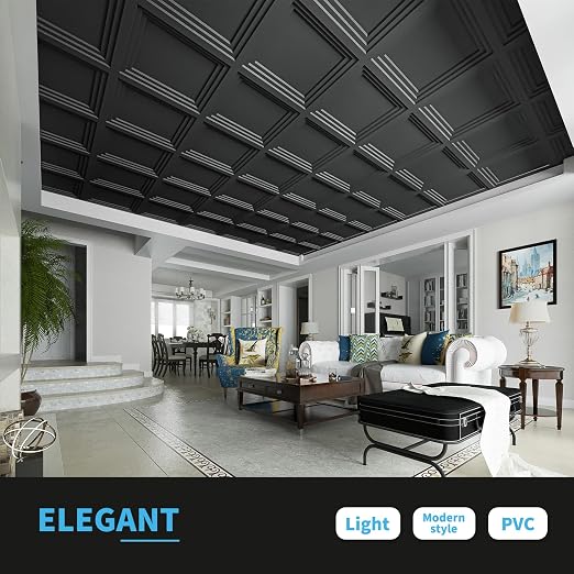 Art3d 12-Pack 2424 Inch PVC Waterproof Drop Ceiling Tiles for Home Décor - 2x2 ft 3D Modern Ceiling Panel for Suspended Grid, Black