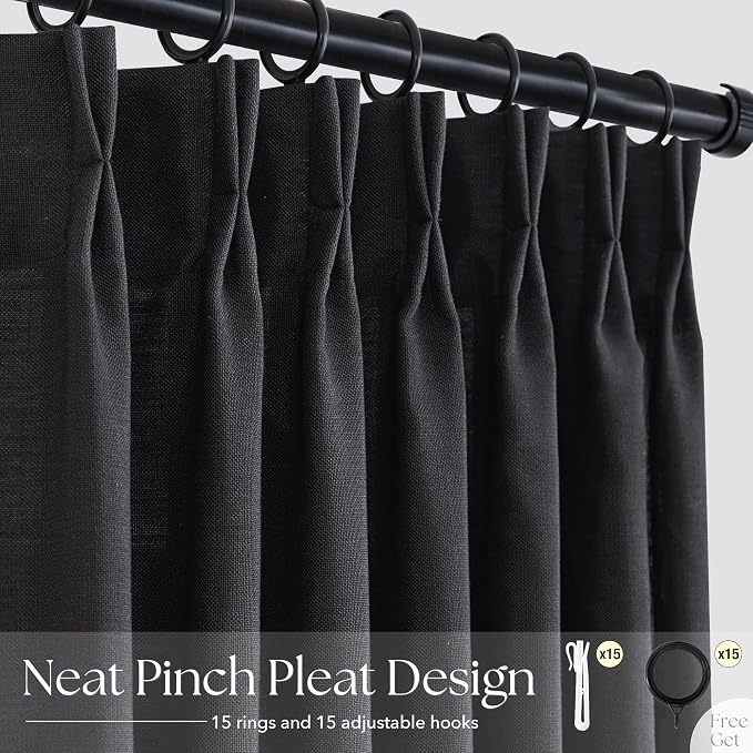 Pinch Pleated Black Linen Curtains 63 inches Long for Living Room 2 Panel Set Light Fitering Semi Sheer Black Window Curtain Pinch Pleate with Hooks Rustic Farmhouse Bedroom Drapes Length 63"