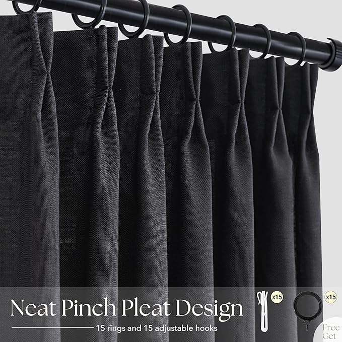 Black Pinch Pleated Linen Curtains 84 inches Long for Living Room 2 Panel Set Light Fitering Semi Sheer Black Window Curtain Pinch Pleate with Hooks Rustic Farmhouse Bedroom Drapes Length 84"