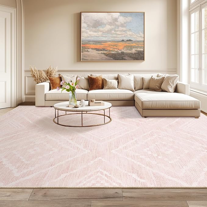 BESTSWEETIE Area Rug 9x12 Rug Machine Washable Non-Slip Low Pile Print Pattern Western Rug for Living Room Bedroom Entryway Tribal Series -Light Pink/Cream