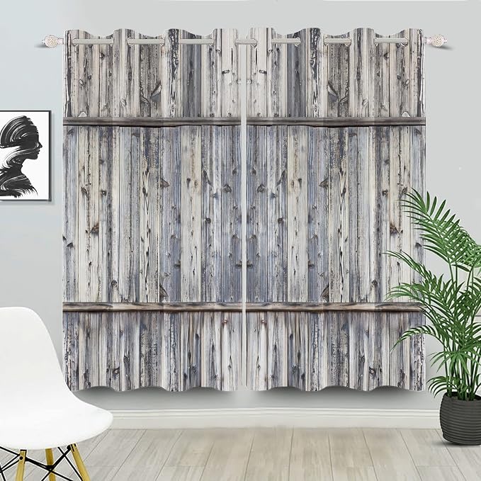Wooden Barn Doors Kitchen Curtains,Wood Planks Rustic Farm Farmhouse Window Curtains Country Retro Western Vintage Grey Window Curtain Treatments Bedroom Living Room Decor,42x96 inch,2 Panels