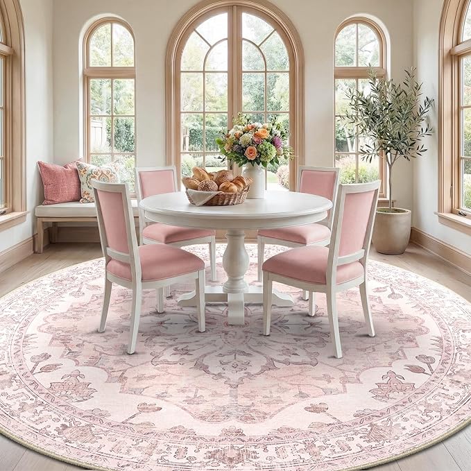 RELEANY Area Rugs Round 8ft Washable Non-Slip, Floral Vintage Distress Medallion Carpet for Living Room Bedroom Dining Room, Pink Greypink Cute
