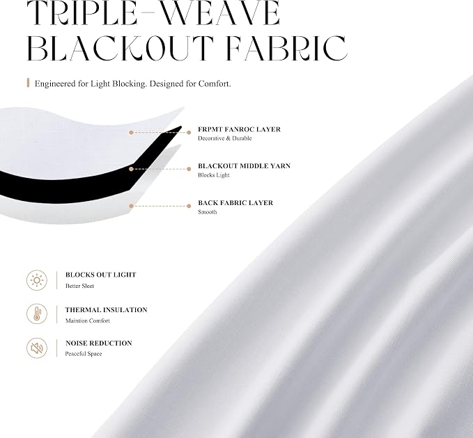 Jowels White Linen Blackout Curtains 118 Length 2 Panels Set for Living Room Bedroom, 100% Black Out Thermal Insulated Linen Drapes, Room Darkening Grommet Curtains 118 Inches Long