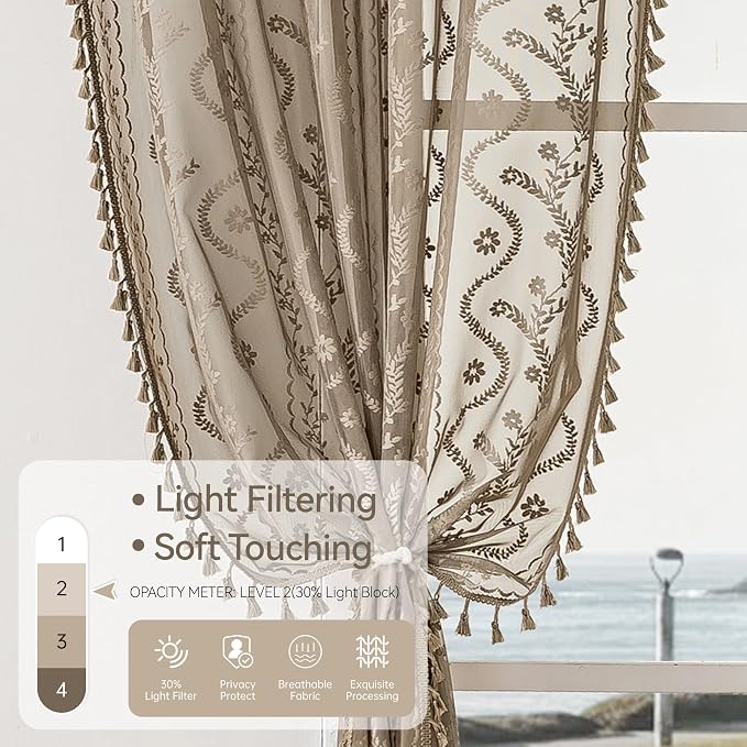 WAZZIO Boho Lace Curtains 2 Panels 84 Inch -Victorian Sheer Panel Drape French Country Floral Pattern & Tassel Light Filtering Privacy for Bedroom Dining Living Room,Coastal Decor,Taupe,W52x L84