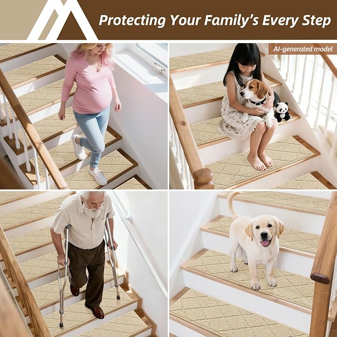COSY HOMEER Stair Treads for Wooden Steps 9"x28",Washable Non Slip Peel and Stick Carpet Stair Treads with Reusable Residue Free Backing Soft Pet Friendly Stair Runner for Kids Elders,Warm Beige,7pcs