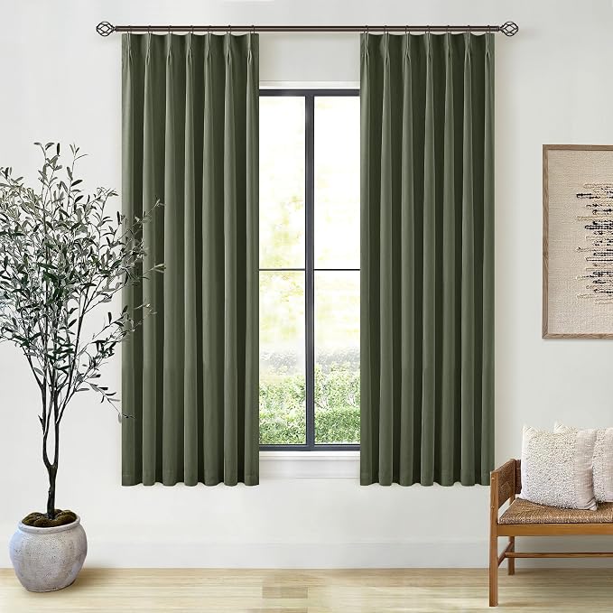 Olive Green Black Out Curtains 63 Inch Long for Bedroom Pinch Pleated with Rings Hooks Back Tab Thermal Insulated Short Linen Blackout Drapes Farmhouse Living Room Darkening Kitchen Curtains