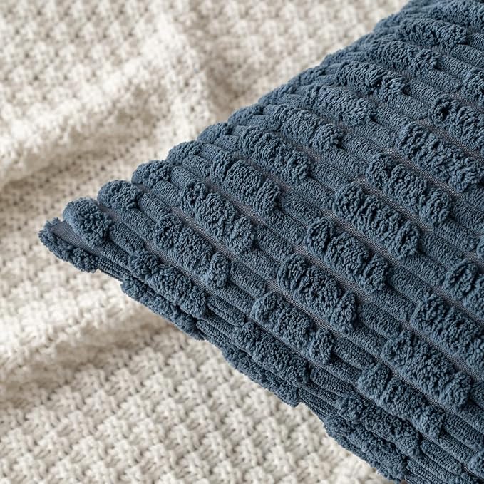 MIULEE Pack of 2 Corduroy Decorative Lumbar Throw Pillow Covers 20x12 Inch Soft Boho Striped Pillow Covers Modern Farmhouse Home Decor for Summer Coastal Sofa Living Room Couch Bed Blue
