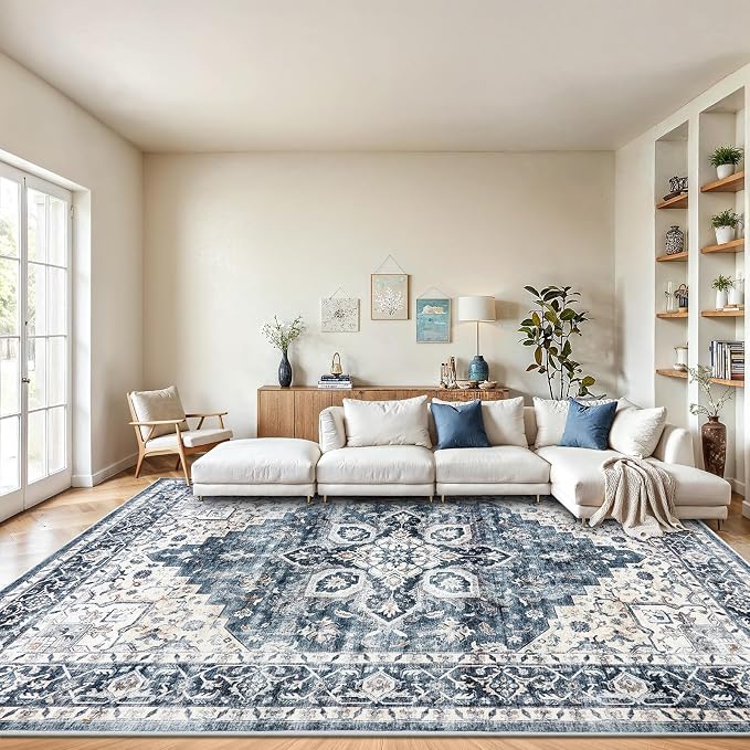 AMADA HOMEFURNISHING 8x10 Washable Area Rug, Low-Profile with Non-Slip Backing & Durable Edge Binding, Vintage Large Rugs for Living Room, Bedroom, Dining Room, Blue