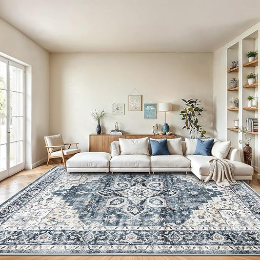AMADA HOMEFURNISHING 9x12 Washable Area Rug, Low-Profile Large Area Rug with Non-Slip Backing & Durable Edge Binding, Vintage Large Rugs for Living Room, Bedroom & Dinning Room