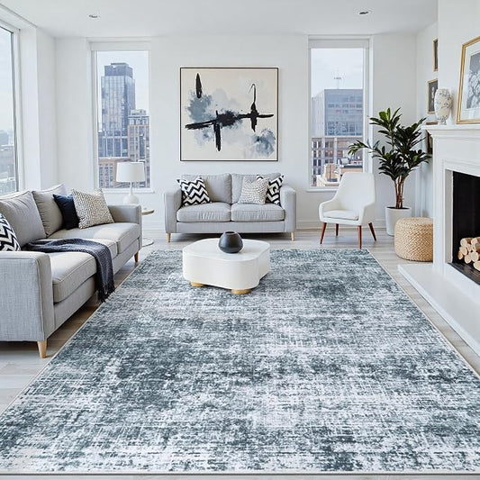 10x12 Area Rugs Washable Rug: Anti-Skid Abstract Modern Living Room Rug Soft Thin Carpets Indoor Floor Non-Shedding Carpet for Bedroom Dining Nursery Home Office (Light Slate Blue/White,10'x12')