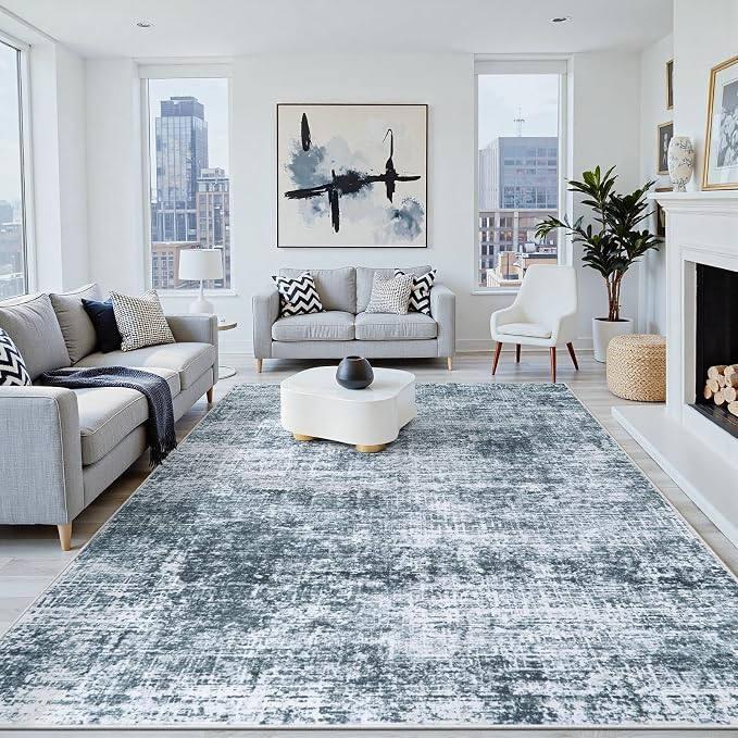9x12 Area Rugs Washable Rug:Anti-Skid Abstract Modern Living Room Rug Soft Thin Carpets Indoor Floor Non-Shedding Carpet for Bedroom Dining Farmhouse Nursery Home Office(Light Slate Blue/White, 9x12)