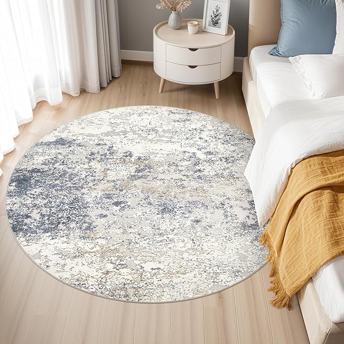 DMOYEST 4ft Round Area Rug Living Room Rugs - 4x4 Washable Large Soft Indoor Neutral Modern Abstract Low Pile Rug Carpet for Bedroom Dining Room Farmhouse Home Office - Beige Blue