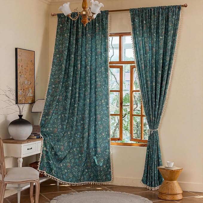 OYX Boho Floral Curtains 84 Inch, Linen Farmhouse Flower Drapes with Lace & Tassels, Light Filtering Semi Sheer Curtains for Living Room Bedroom, 2 Panels
