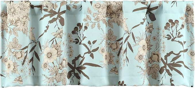 Lush Decor Botanical Garden Curtains Floral Bird Print Light Filtering Window Valance Drapes for Living, Dining, Bedroom, Blue, 52"W x 18L"