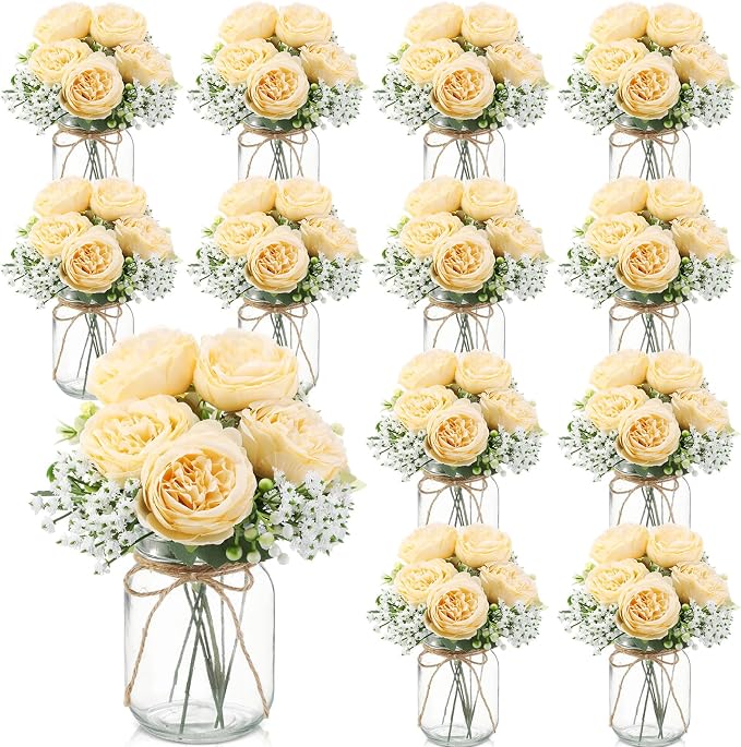 Zeyune 12 Sets Mason Jar Centerpiece Table Decorations, Artificial Peony Baby's Breath Flower Bouquets, Faux Flowers with Vase, Rustic Decor Gifts for Home, Wedding, Holiday (Champagne)
