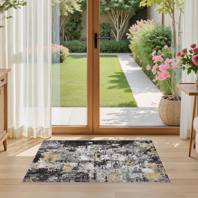 Abstract 2x3 Area Rug: Machine Washable Non Slip Ultra Thin Low-Pile Carpet, Soft Stain Resistant for Entryway Kitchen Bathroom, Kid Pet Friendly, Robot Vacuum Compatible - Black Gold