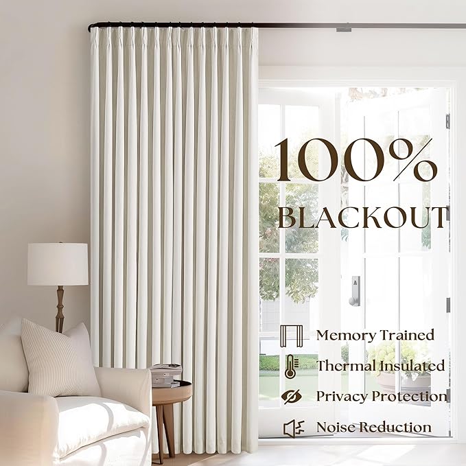 Natural Linen Blackout 112 Inch Curtains for Living Room 2 Panels Set Pinch Pleated Back Tab Drapes Farmhouse Thermal Insulated Full Black Out Curtains 112 Length High Ceiling to Floor Cream Ivory