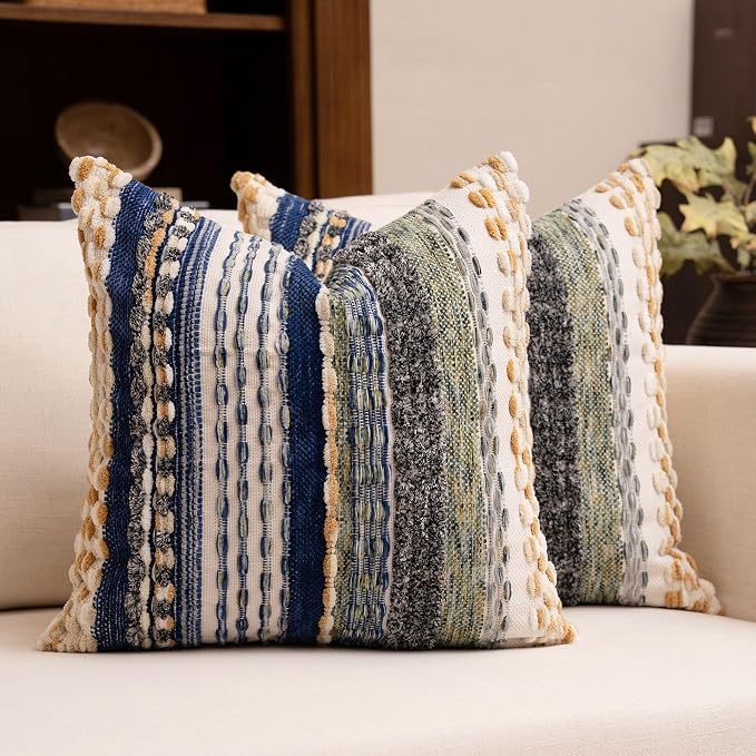 Boho Chenille Tufted Throw Pillow Covers 18x18 Inch Set of 2 Farmhouse Mixed Blue Woven Striped Decorative Pillowcases for Couch Sofa Bed